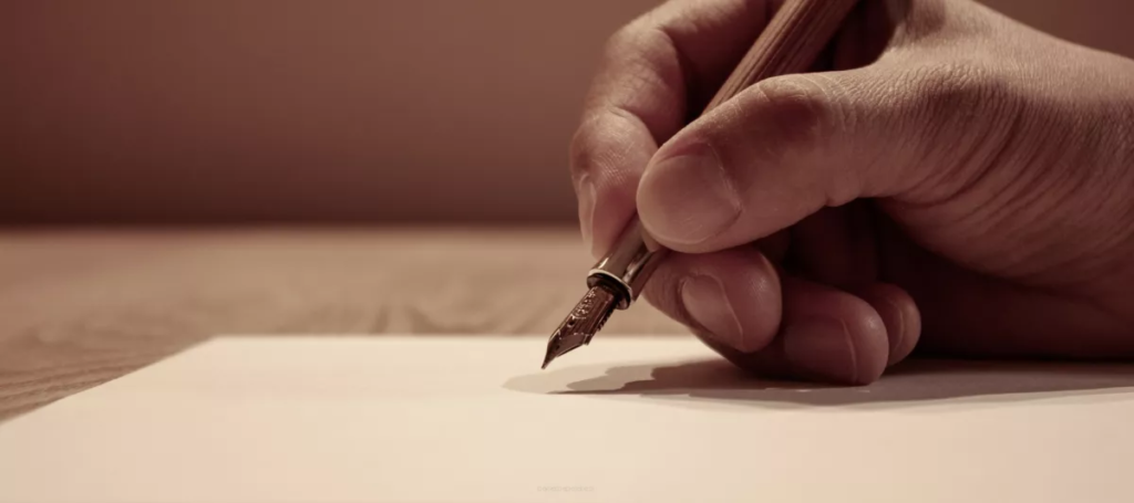 Jak pisać piórem Parker - ręka trzymająca pióro wieczne nad pustą kartką papieru